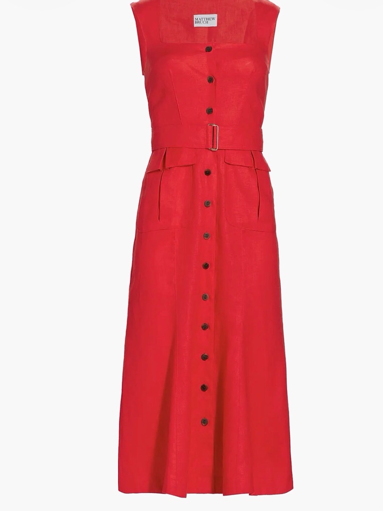 Sleeveless Red Button-Front Linen Midi Dress Skirt With Belt